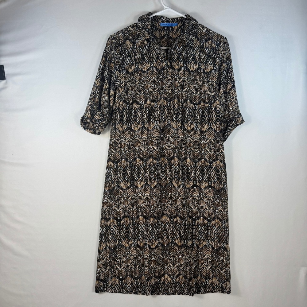 J.McLaughlin Catalina Cloth Shirt Dress Brown Geometric‎ Print Small Button Tab